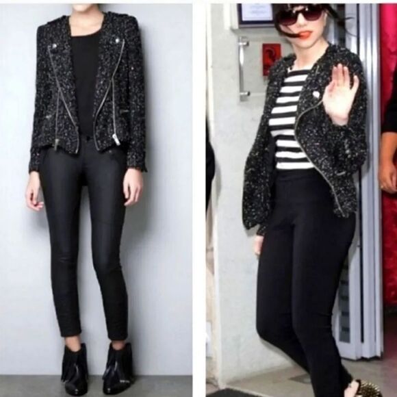 Zara Fantasy Fabric Wool Blend Boucle Tweed Moto Blazer Jacket Size Medium - Picture 3 of 15